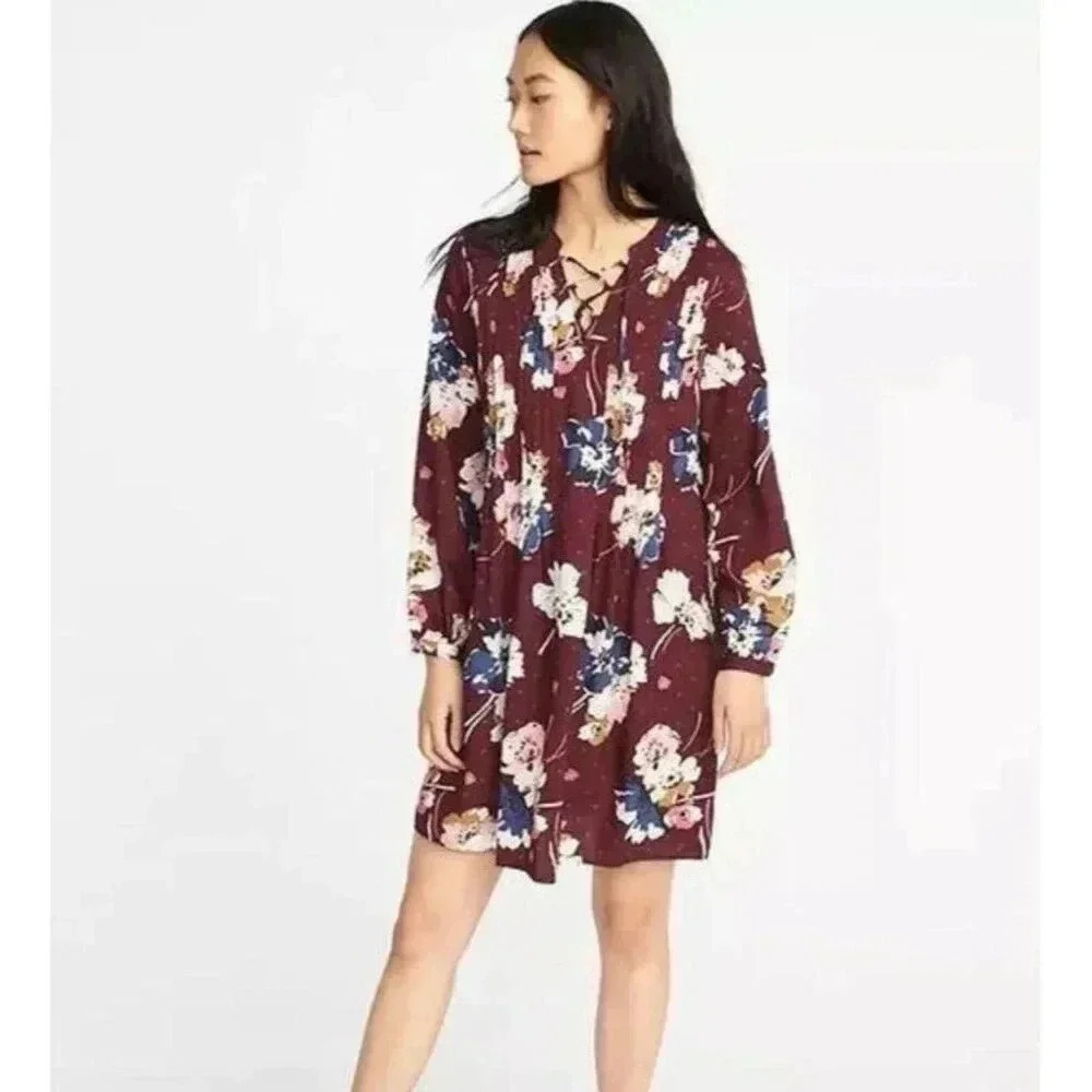 Old Navy Dress Womens M Red Floral Lace Up Pleated Long Sleeve Boho Tunic